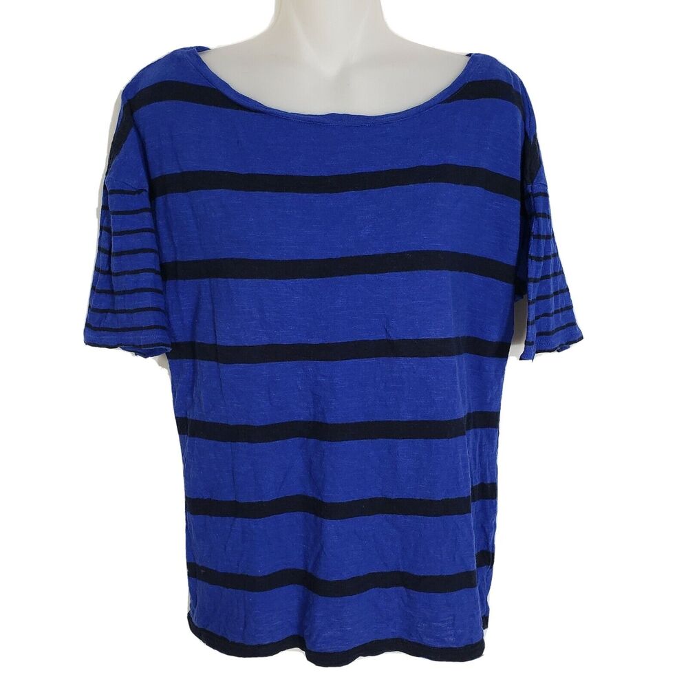Talbots Womens Top Medium Blue with Black Stripes 100% Cotton Knit Short Sleeves
